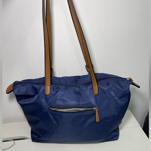 Simon’s Navy Medium Size Nylon Faux Leather shoulder Tote Handbag - Picture 3 of 13